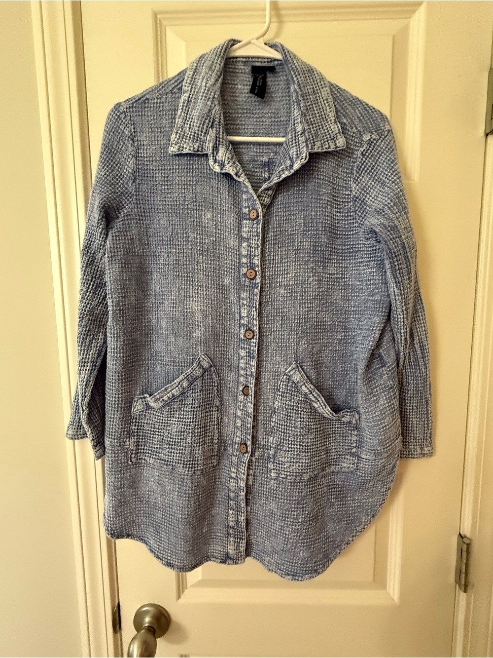 Focus Casual Life Blue Waffle Knit Button Down Long Sleeve 100% Cotton Shirt Sm